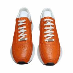 Tênis de caminhada masculino autêntico verdadeiro verdadeiro pele de avestruz laranja branco com cadarço couro exótico genuíno masculino casual macio sapatos rasos, Laranja, 39