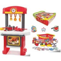Combo Cozinha infantil com pia fogão forno + cesta mercadinho frutas l