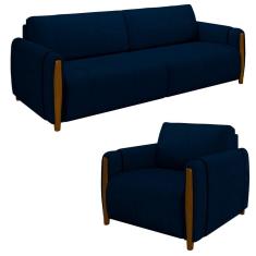 Conjunto Sofá 3 Lugares 223cm E Poltrona 98cm Amaranto M22 Veludo Azul Marinho - Mpozenato