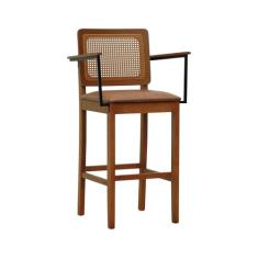 Banqueta Alta Bistrô Lyon Telinha Amêndoa Madeira Maciça c/Braço - Amêndoa - Assento Estofado Corano Marrom Mescla