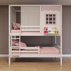 Beliche Casinha Reta Com Grade Removível E Cortina Madeira Maciça Branco/ Rosa Housin