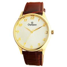 Relogio Masculino Couro e Dourado Anaógico Social Champion