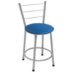 Banqueta Baixa Prata com Encosto para Cozinha Assento Azul