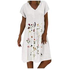 SLENDIPLUS Vestido feminino de algodão e linho, estampa floral, plus size, bordado, manga curta, gola V, vestido curto casual, Branco, XXG