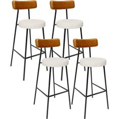 Kit 04 Banquetas Alta Cozinha Sala Jantar Milão L02 Couríssimo Whisky Linho Champagne - Lyam Decor