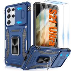ATUMP Capa para Samsung Galaxy S21 Ultra com [2 unidades] protetor de tela HD com capa deslizante para câmera, anel de rotação de 360° com suporte [grau militar] capa protetora à prova de choque para