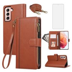 Asuwish Capa de celular para Samsung Galaxy S21 Plus S21+ 5G com zíper carteira celular com protetor de tela de vidro temperado alça transversal suporte para cartão S21+5G S21plus 21S + S 21 21+ G5