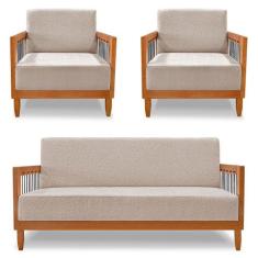 Kit 2 Poltronas e Sofá Living 2 Lugares Marilia 1,60m Linho Base em Ma