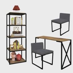 Kit Escritório Bex 2 Cadeiras Sintético Cinza com 1 Mesa e 1 Livreiro Ferro Preto mdf Caramelo - Ahazzo Móveis