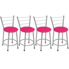 Kit 4 Banquetas Baixas Prata com Encosto Assento Rosa - Fortmix