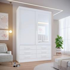 Guarda Roupa Casal 2 Portas 6 Gavetas com Espelho 100% Mdf Atlanta Branco