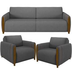Kit Sofá 02 Lugares 168Cm Com 02 Poltronas Flora M03 Chumbo
