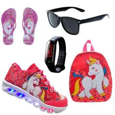 Kit Tênis De Led Infantil Menina Feminino Unicórnio + Chinelo + Mochil