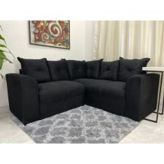 Sofá de Canto Preto Almofadas Lisas