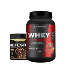 Whey Protein Morango 900G + Pré Treino Hefestus Limonada - HF Suplemen