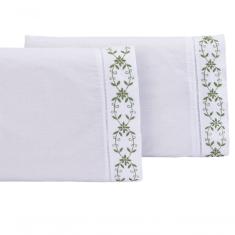 Jogo Lençol Padrão Casal Bordado 3 Peças Branco Verde Veneza