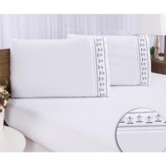 Jogo Lençol Queen Bordado 3 Peças Branco Cinza Tulipa Quarto