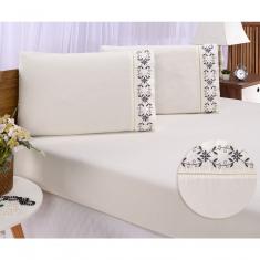 Jogo Lençol King Casal Bordado 3peças Palha Cinza Veneza