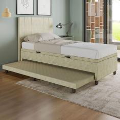 Base Cama Baú Solteiro Com Cama Auxiliar C/colchão Conjugado Veludo - Skybox Cor Bege