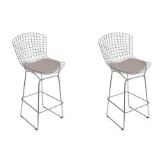 Kit 2 Banquetas Bistrô Bertoia Cromada D70 Com Assento Sintético Bege