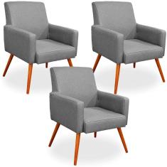 Kit 03 Poltronas Decorativas Para Sala de Estar Maria W01 Linho Cinza Escuro - Lyam Decor