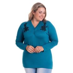 Blusa Manga Longa Feminina em Viscose com Elastano Aplicação de Flores