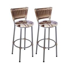 Kit 2 Banquetas Altas Prata com Encosto Junco Capuccino Assento Floral