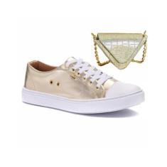 Kit Tênis Feminino  e Bolsa Metalizada Mini Triangulo Ombro Balada Fes