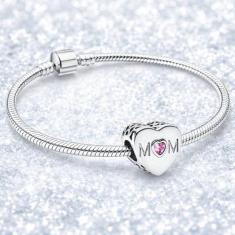 Pulseira Infantil com Berloques Prateado. Coração Rosa Mãe - JMH Sets,