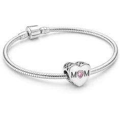 Pulseira Infantil com Berloques Prateado. Coração Rosa Mãe - JMH Sets,