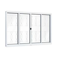 Janela de Aço de Correr 120x200cm 4 Folhas com Grade Mosaico e Vidro Riobras Branco