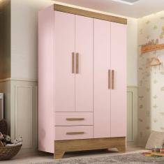 Guarda Roupa Infantil 4 Portas e 2 Gavetas Tic Tac Rosa Fosco/Marrom
