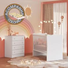 Quarto de Bebê Doce Sonho com Cômoda 777 e Berço Simples 1 Qmovi Branco + Colchão Gazin
