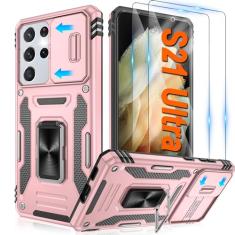 ATUMP Capa para Samsung Galaxy S21 Ultra com [2 unidades] protetor de tela HD com capa deslizante para câmera, anel de rotação de 360° com suporte [grau militar] capa protetora à prova de choque para