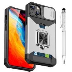 Capa de TPU compatível com iPhone 15 Plus com protetor de câmera | Suporte de anel giratório de 360° | Capa de lente deslizante resistente a impactos | Capa protetora com suporte para cartão magnético