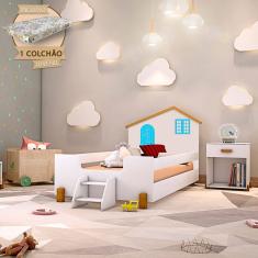 Cama Montessoriana Infantil Juvenil Belissima Azul - Branco E Castanho Claro + Colchão