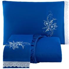 Jogo de Lençol Casal Queen Size Bordado Com Lese 3 Peças - FR Enxovais