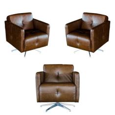 Kit 3 Poltronas Giratória para Sala de Estar Astana Couro Marrom Bicol