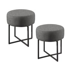 Conjunto - 2 Puffs Banqueta Otávio Base Metálica Preta Luxo Linho Cinza