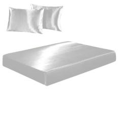 Jogo De Lençol Casal Queen Cetim Seda Branco Brilho 3 Peças