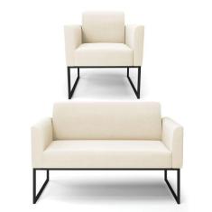 Sofá Namoradeira Com Poltrona Base Industrial Preto Marisa Veludo Bege