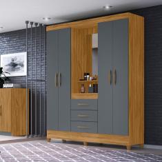 Guarda Roupa Casal 4 portas com espelho 3 gavetas Freijo / Cinza Capri - Moval