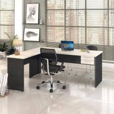 Mesa Para Escritório Em L 1,80x1,60m Tampo E Pés 30mm Com Gaveta Snow Compreto Ônix