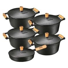 Jogo 5 Pçs Caçarolas + 2 Frigideiras Ferro Panela Mineira