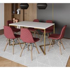 Mesa Industrial Retangular Branca Base V Dourada 137x90cm 6 Cadeiras Eames Madeira Estofadas Vermelh