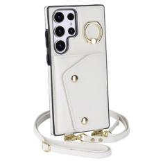 Capa de telefone carteira crossbody para Samsung Galaxy S21 FE S23 S22 Plus Note 20 Ultra A54 A53 A14 5G slot para cartão capa de couro com cordão, branca, para Galaxy S22 Ultra