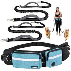 PetAmi Coleira para cães com mãos livres, bolsa para cinto de corrida para caminhar, correr, bolsa de zíper duplo com bolsa de cocô, alças acolchoadas duplas, coleira elástica reflexiva, dupla