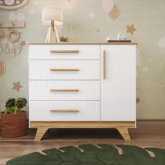 Cômoda Retrô Lisa 4 Gavetas 1 Porta Móveis Peroba, Branco Brilho/Amend