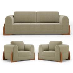 Kit 02 Poltronas E 01 Sofá Bloom 220cm 03 Lugares Com Pés De Madeira Bouclê Bege - Desk Design