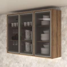 Armário Aéreo para Cozinha 3 Portas 120cm com Vidro Lavinia Amêndoa/Niágara